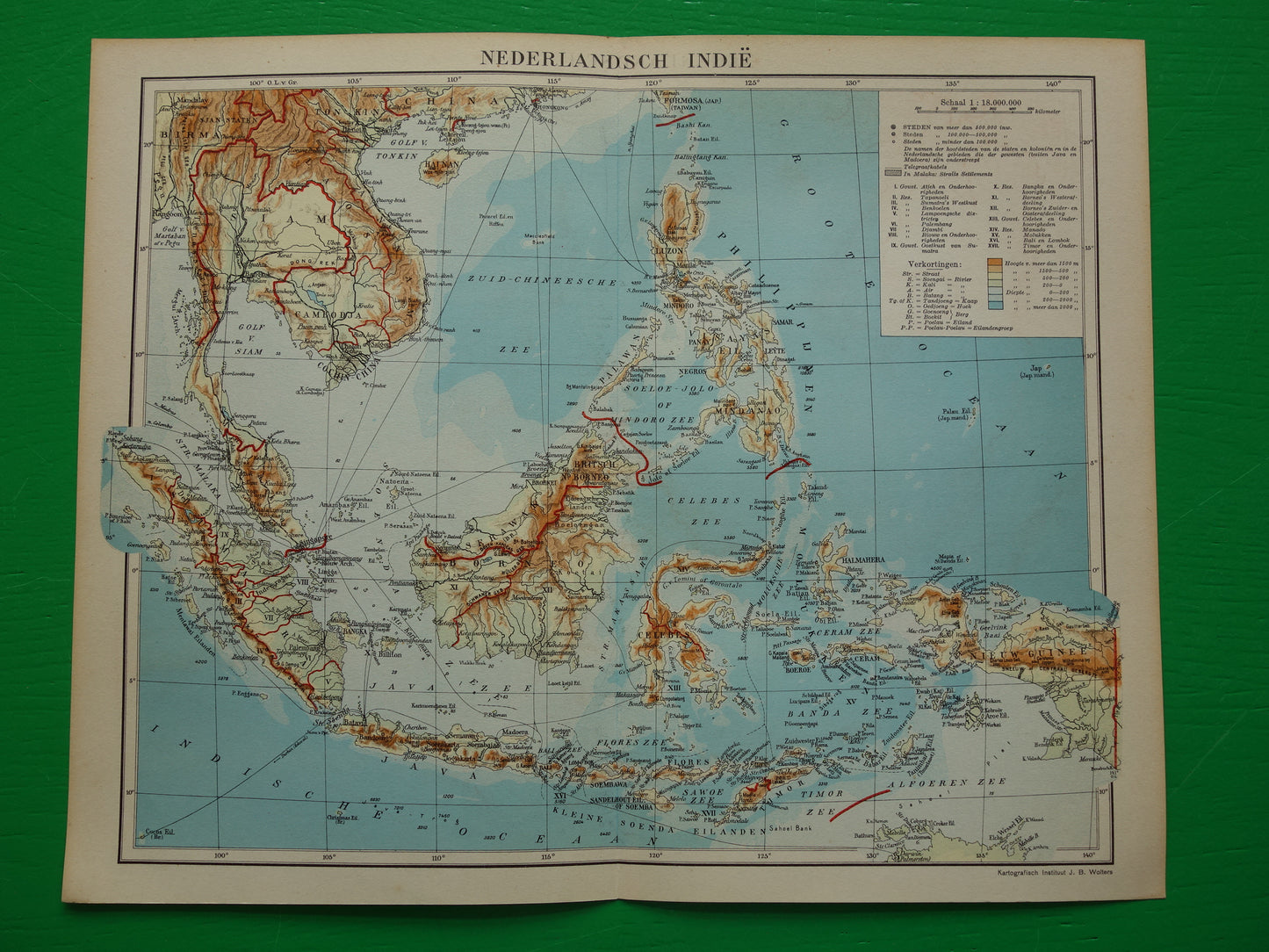 INDONESIË oude kaart van Indonesië Filipijnen Zuidoost-Azië 1937 originele vintage Nederlandse landkaart Nederlandsch Indië Batavia Atjeh Java