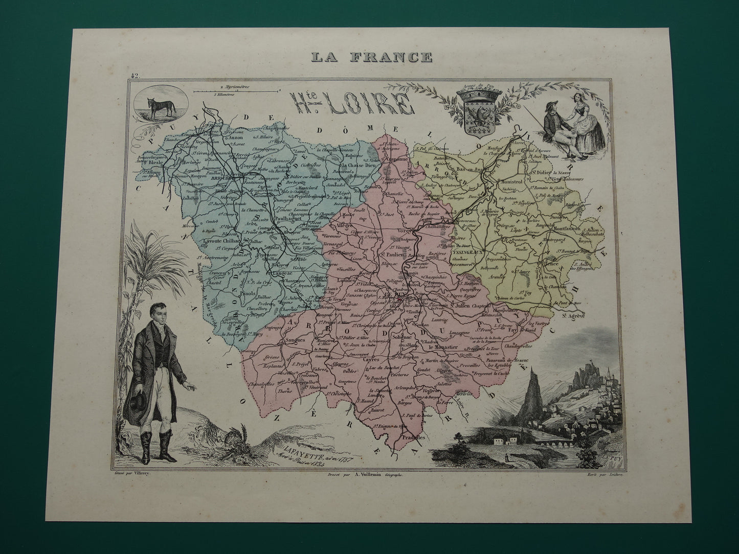 Oude kaart van Haute Loire departement in Frankrijk - originele antieke handgekleurde landkaart Le Puy