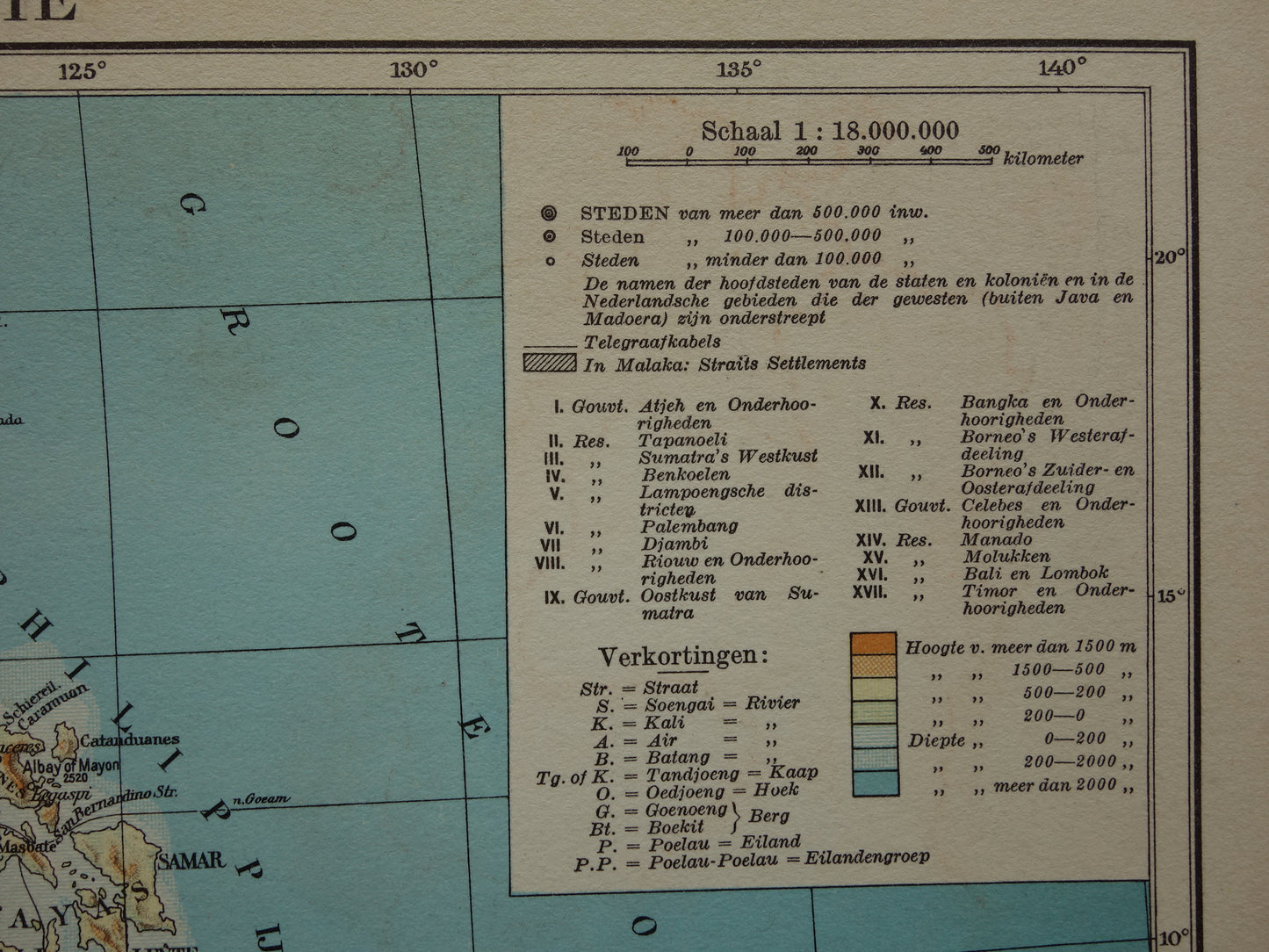 INDONESIË oude kaart van Indonesië Filipijnen Zuidoost-Azië 1937 originele vintage Nederlandse landkaart Nederlandsch Indië Batavia Atjeh Java