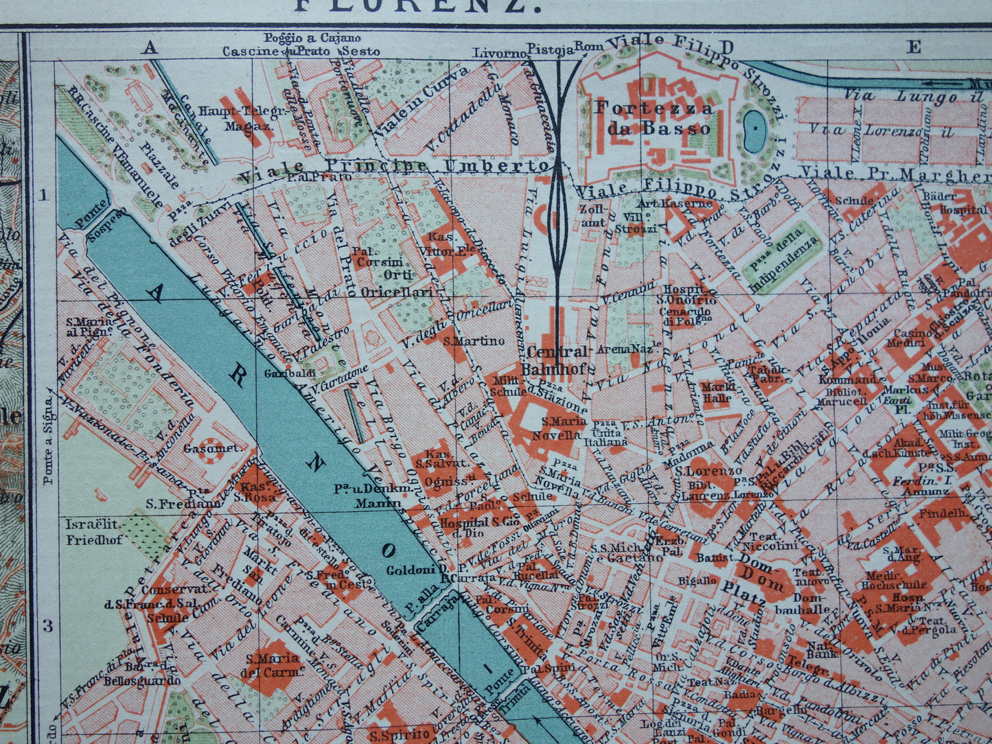 Florence kleiner alter Stadtplan von 1902 Deutsches antikes Kartenwerk