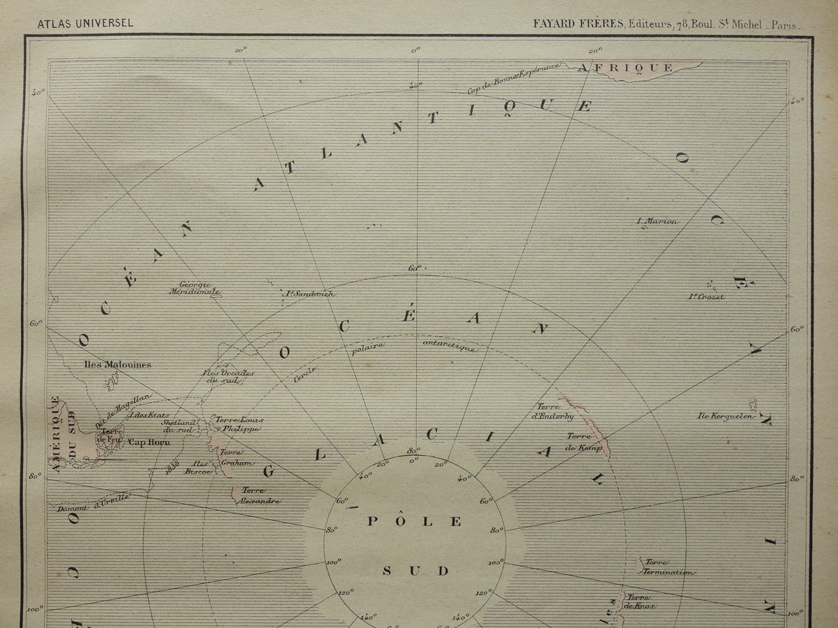 SÜDPOL alte Antarktis-Karte von 1896, originale antike französische Landkarte