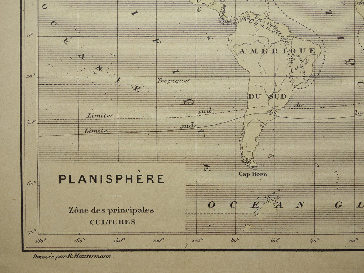 Oude thematische wereldkaart over Gewassen originele antieke Franse kaart Verspreiding Gewassen