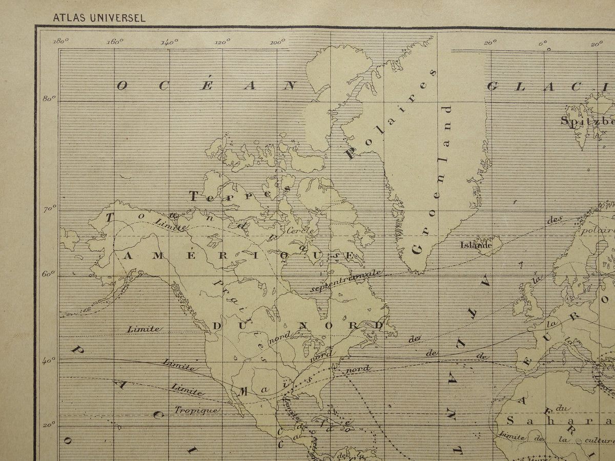 Oude thematische wereldkaart over Gewassen originele antieke Franse kaart Verspreiding Gewassen
