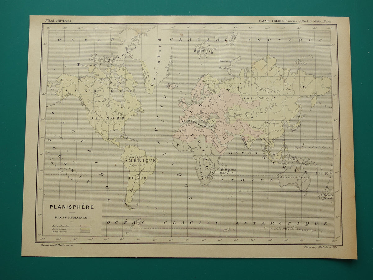 Original old anthropological world map about human races 1896 original antique French hand-colored map