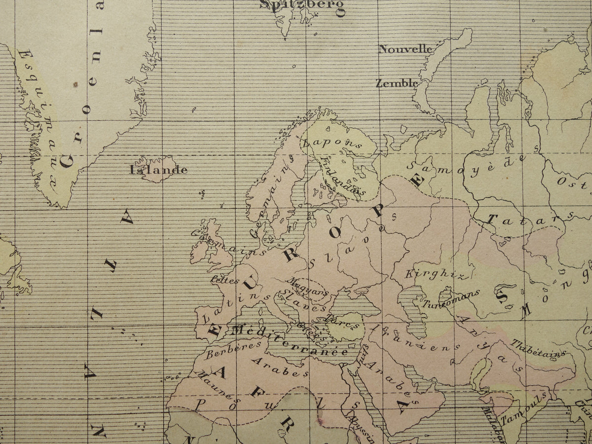 Original old anthropological world map about human races 1896 original antique French hand-colored map