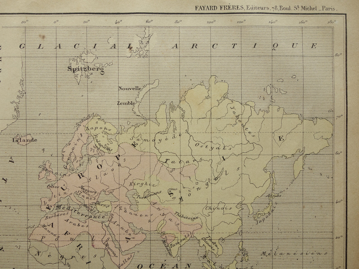Original old anthropological world map about human races 1896 original antique French hand-colored map