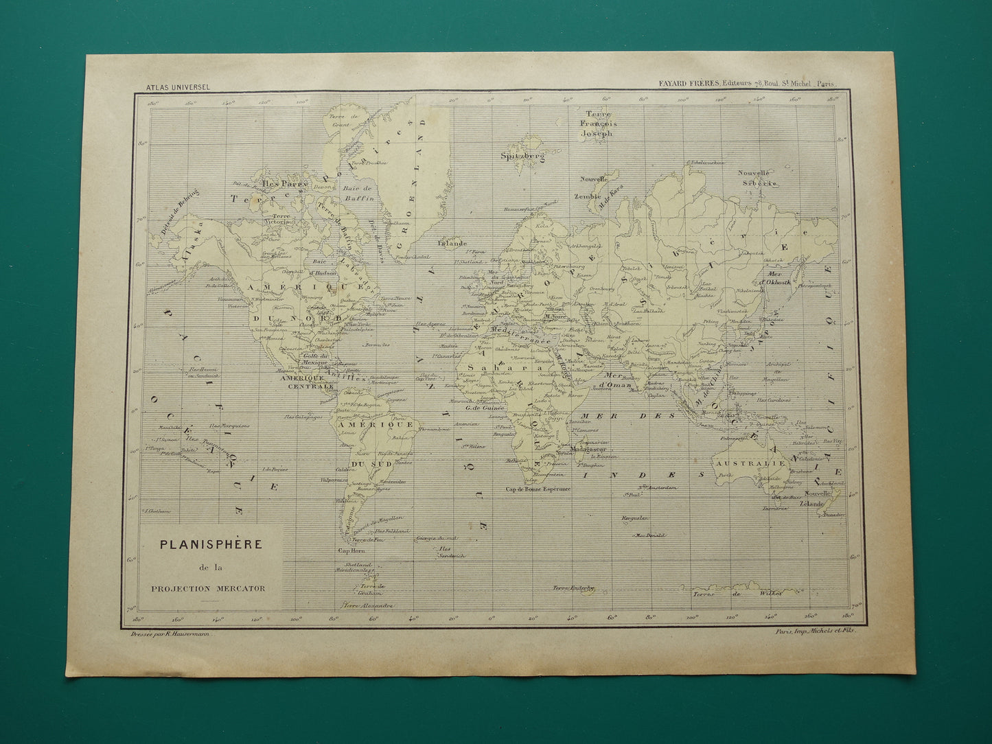 WERELDKAART oude kaart van de wereld originele antieke Franse kaart Mercatorprojectie