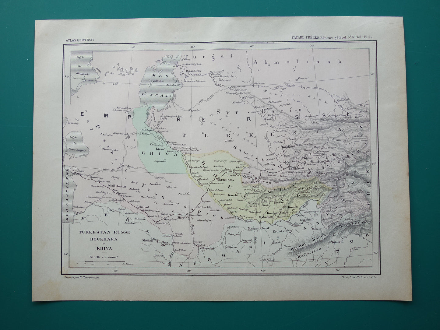 Alte Karte des Aralsees (Kasachstan, Usbekistan) aus dem Jahr 1896, originale französische antike Karte des Aralsees