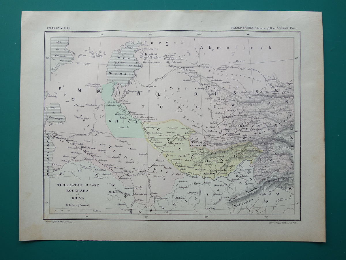 Oude kaart van Aralmeer Kazachstan Oezbekistan uit 1896 originele Franse antieke landkaart Aralmeer
