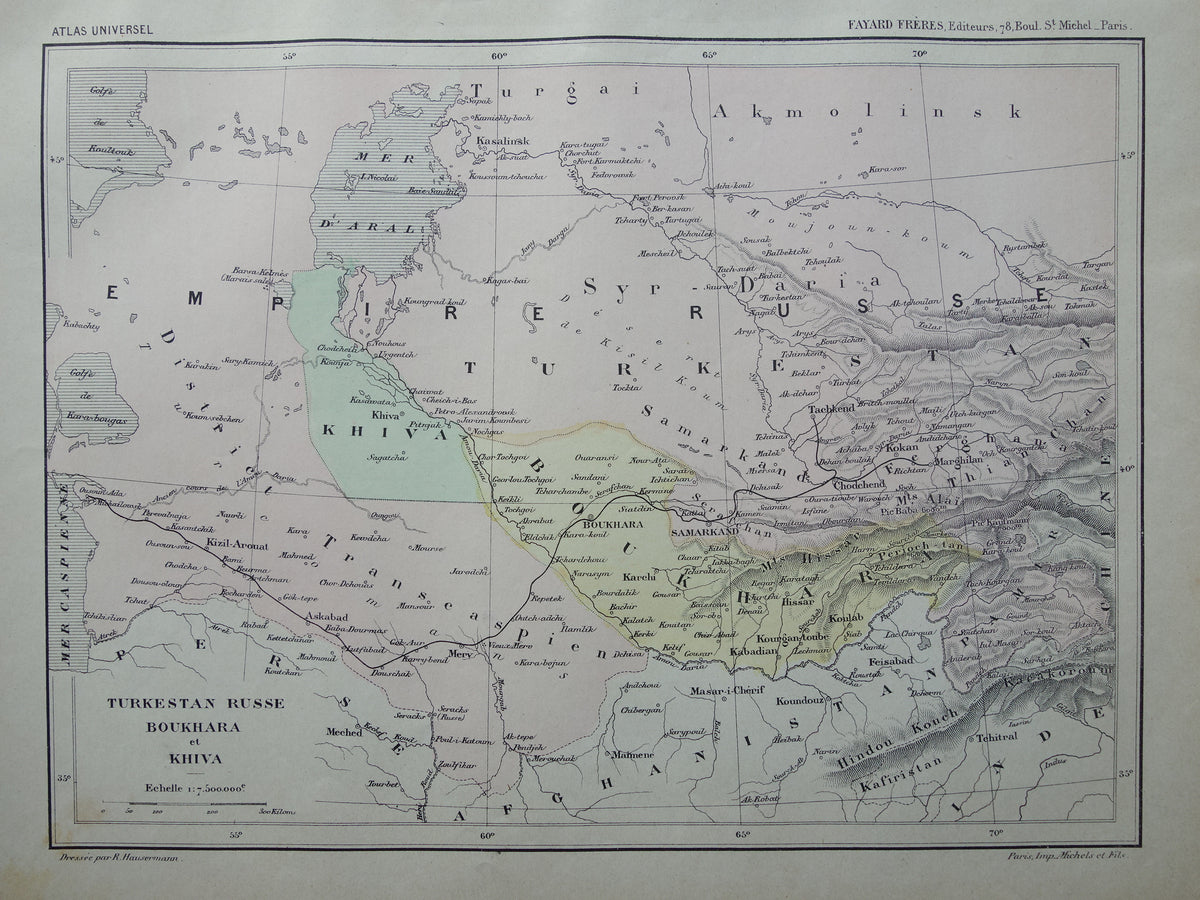 Alte Karte des Aralsees (Kasachstan, Usbekistan) aus dem Jahr 1896, originale französische antike Karte des Aralsees