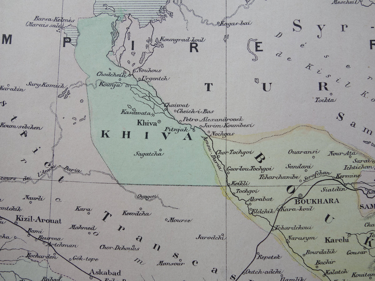 Alte Karte des Aralsees (Kasachstan, Usbekistan) aus dem Jahr 1896, originale französische antike Karte des Aralsees