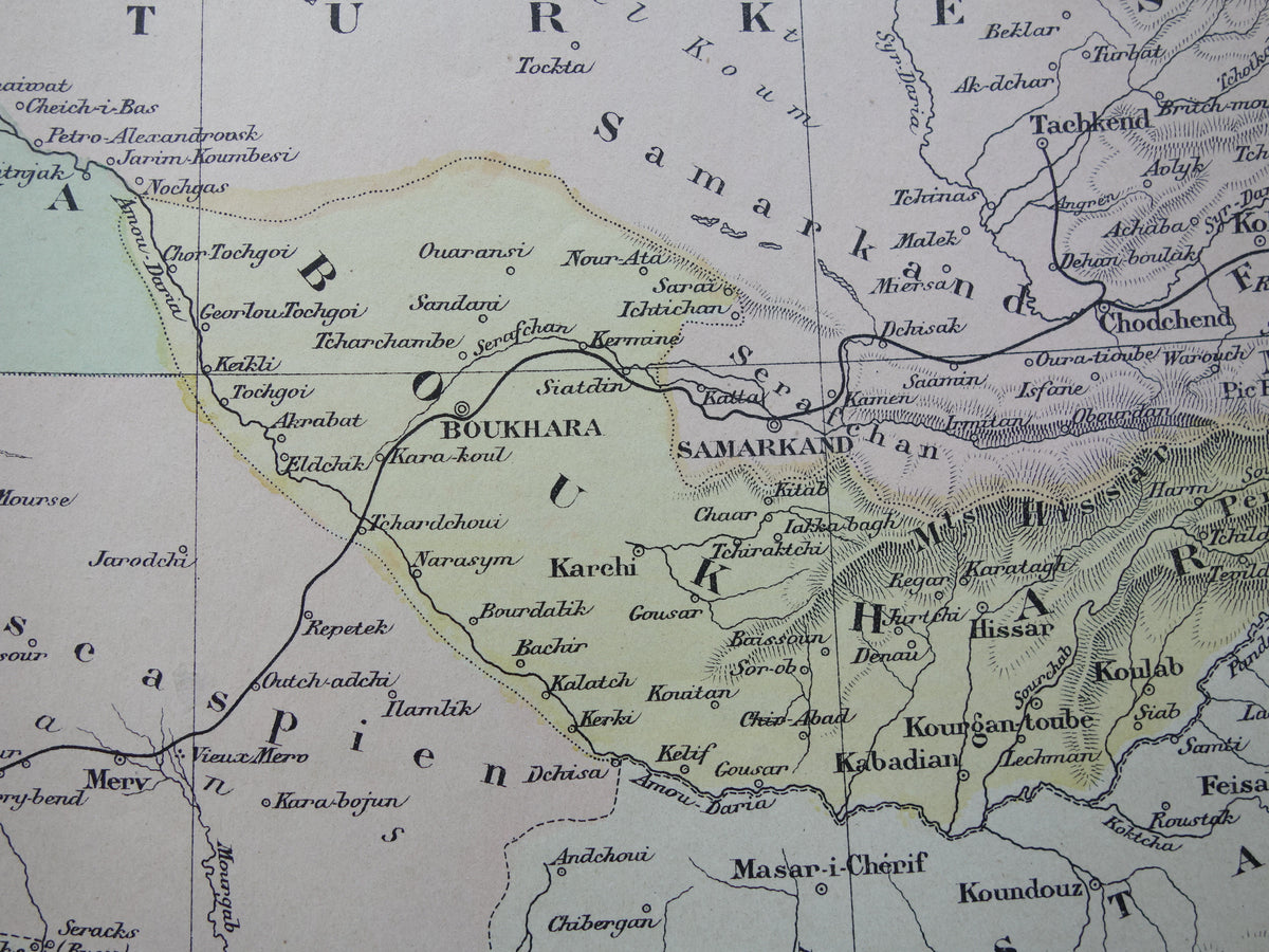 Alte Karte des Aralsees (Kasachstan, Usbekistan) aus dem Jahr 1896, originale französische antike Karte des Aralsees