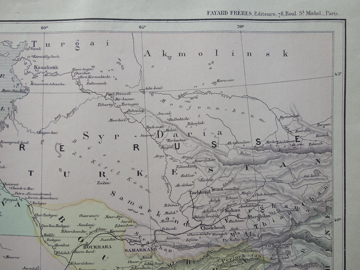 Alte Karte des Aralsees (Kasachstan, Usbekistan) aus dem Jahr 1896, originale französische antike Karte des Aralsees
