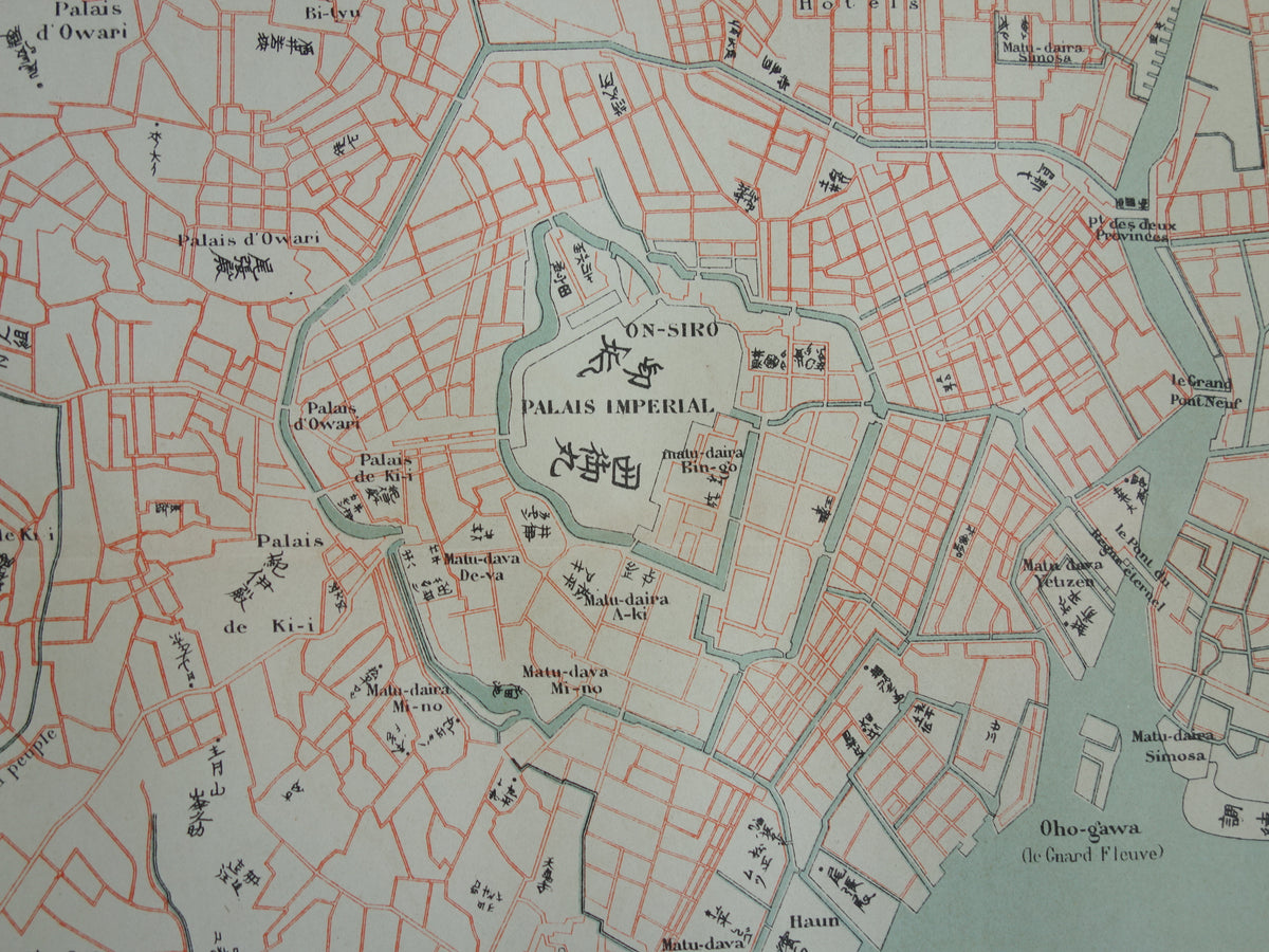 TOKIO Grote Oude plattegrond van Tokio Japan 1896 originele antieke Franse kaart Yedo