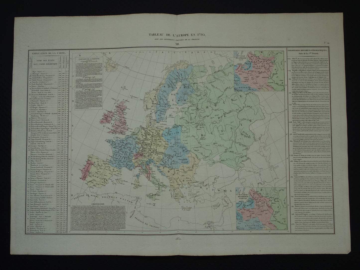 Oude kaart van Europa in het jaar 1795 originele antieke landkaart uit 1830 Deling van Polen geschiedeniskaart