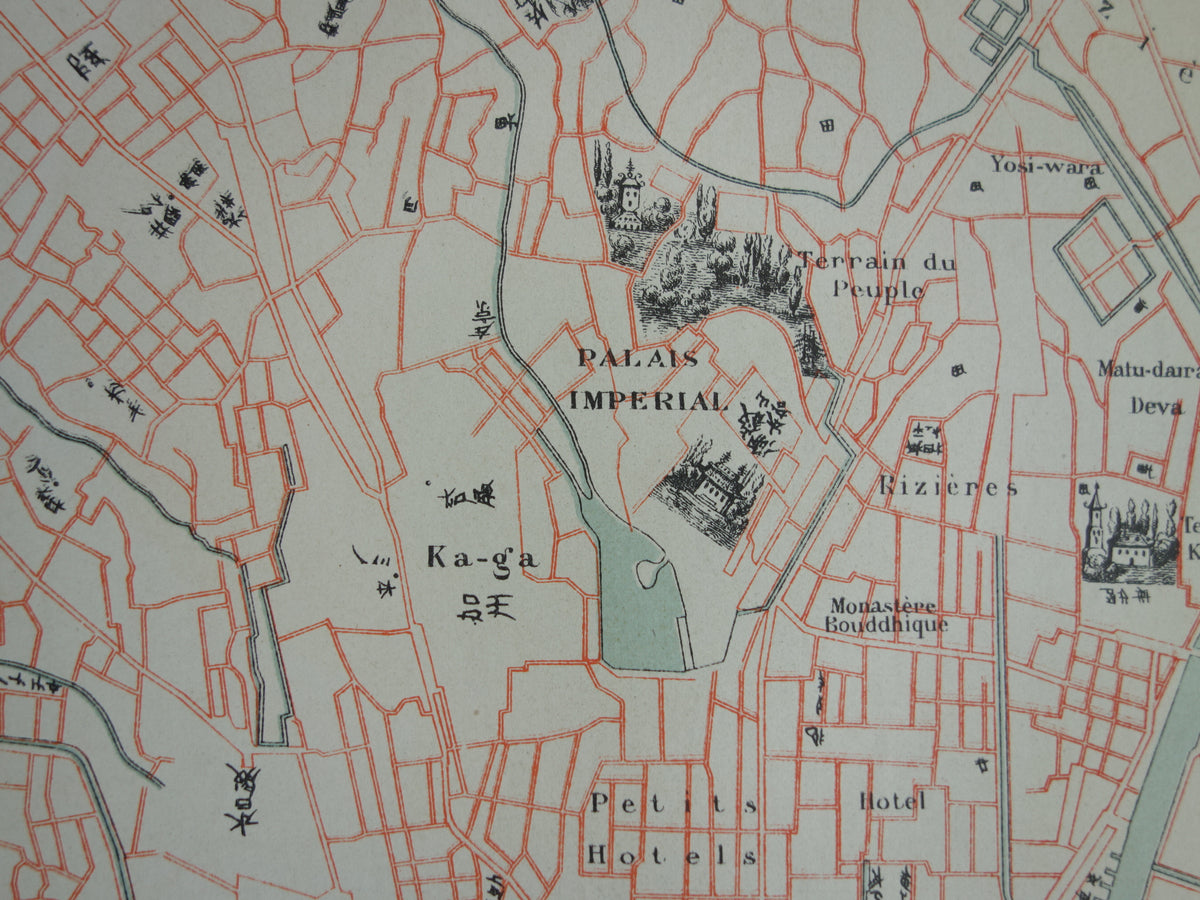 TOKIO Grote Oude plattegrond van Tokio Japan 1896 originele antieke Franse kaart Yedo