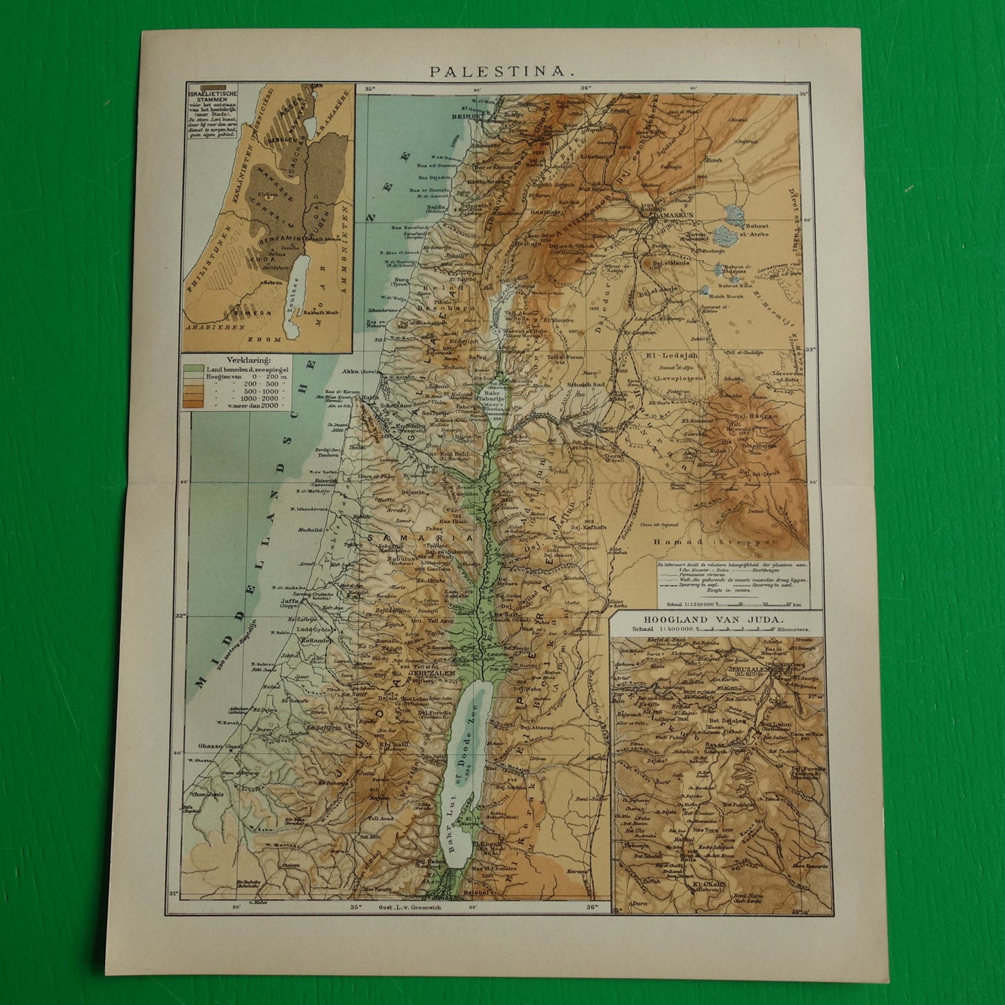 Oude landkaart van Israël Libanon Palestina Syrië uit 1910 originele Nederlandse antieke kaart Jeruzalem Juda