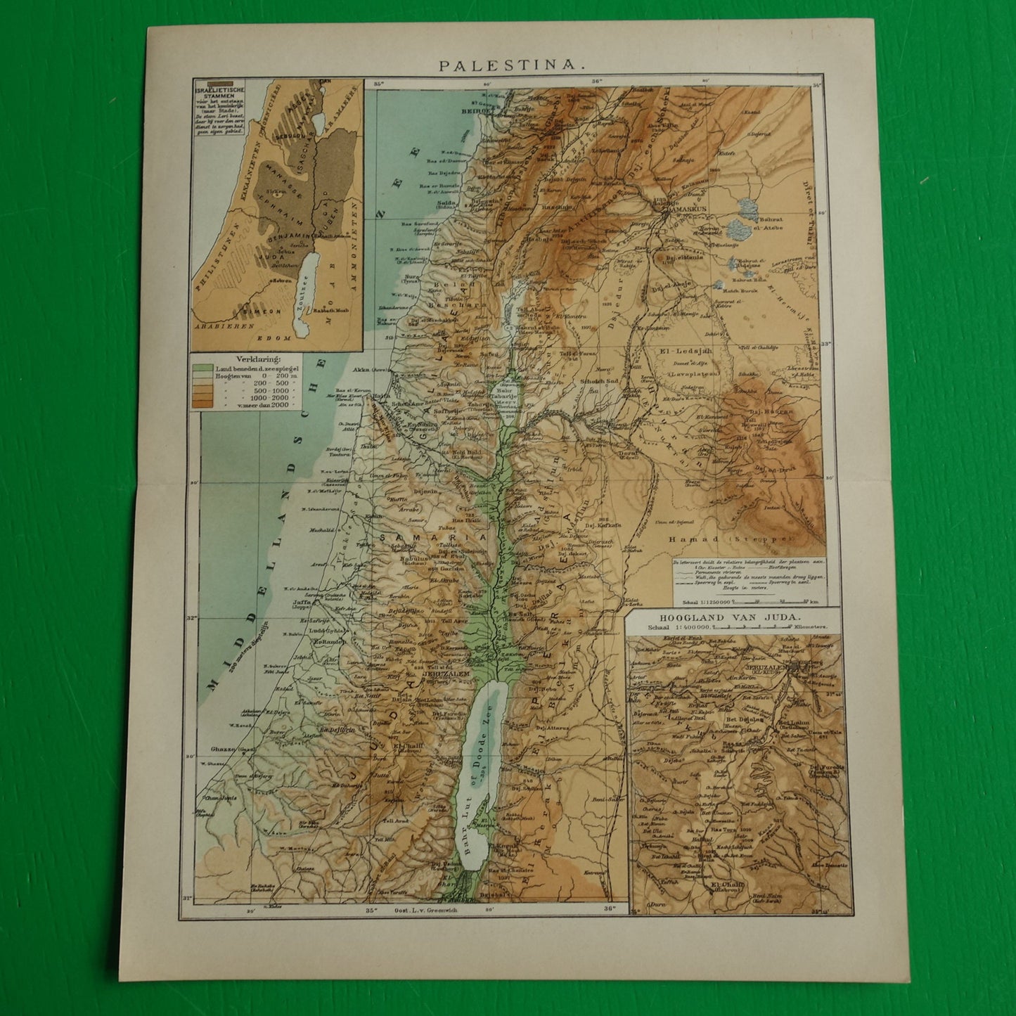 Oude landkaart van Israël Libanon Palestina Syrië uit 1910 originele Nederlandse antieke kaart Jeruzalem Juda