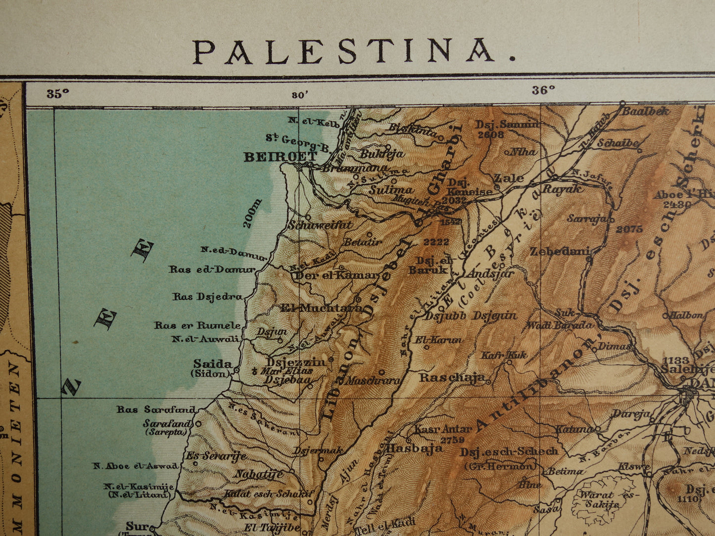 Oude landkaart van Israël Libanon Palestina Syrië uit 1910 originele Nederlandse antieke kaart Jeruzalem Juda