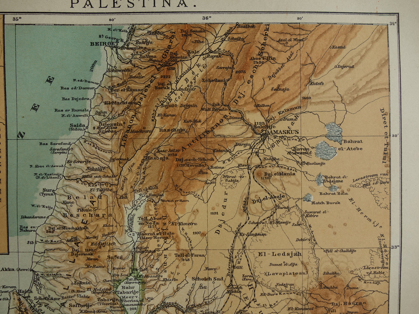 Oude landkaart van Israël Libanon Palestina Syrië uit 1910 originele Nederlandse antieke kaart Jeruzalem Juda