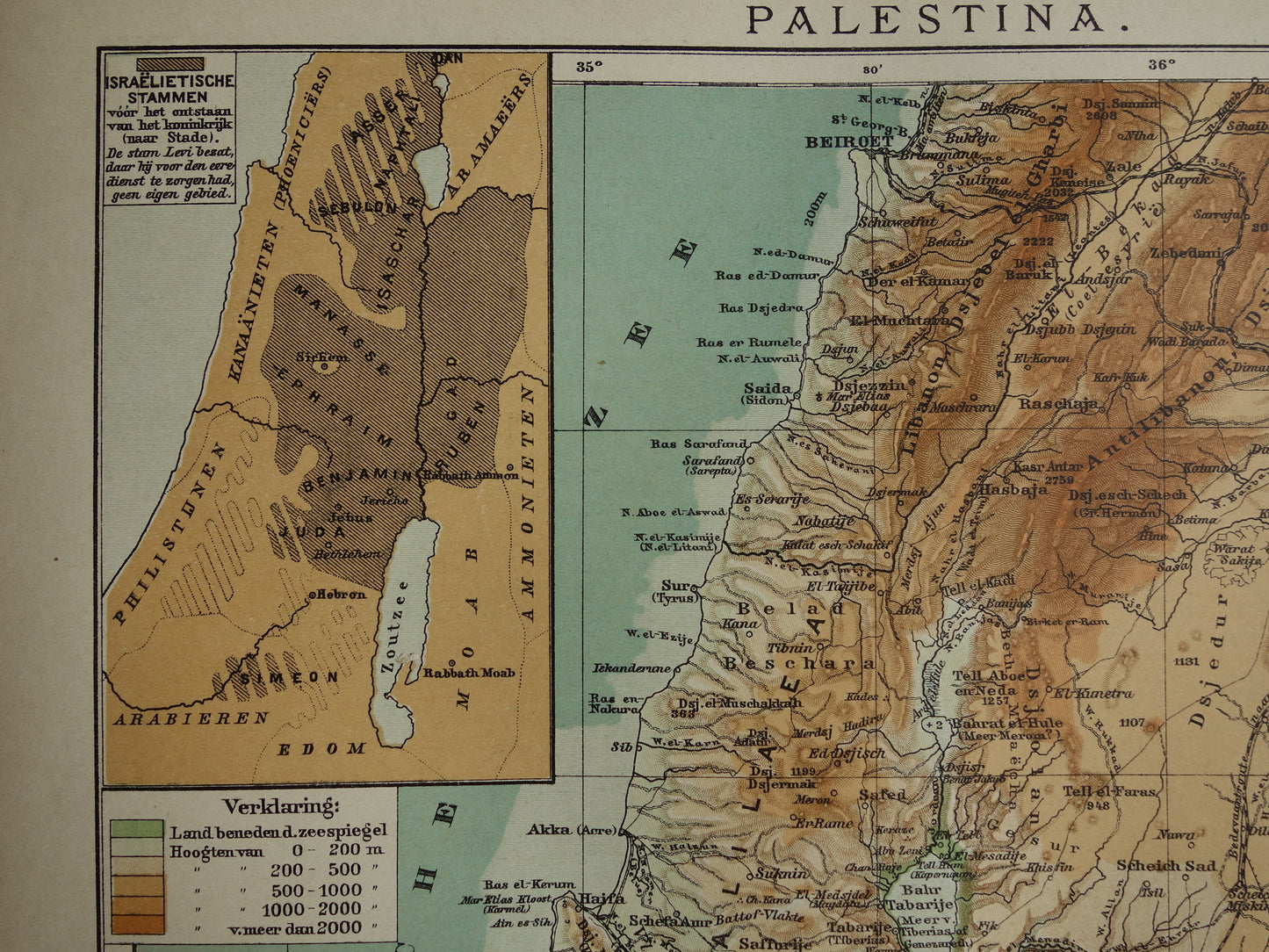 Oude landkaart van Israël Libanon Palestina Syrië uit 1910 originele Nederlandse antieke kaart Jeruzalem Juda