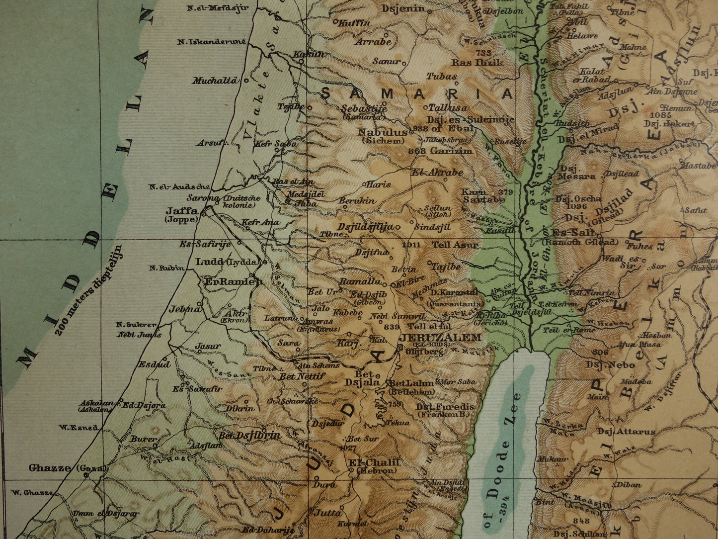 Oude landkaart van Israël Libanon Palestina Syrië uit 1910 originele Nederlandse antieke kaart Jeruzalem Juda