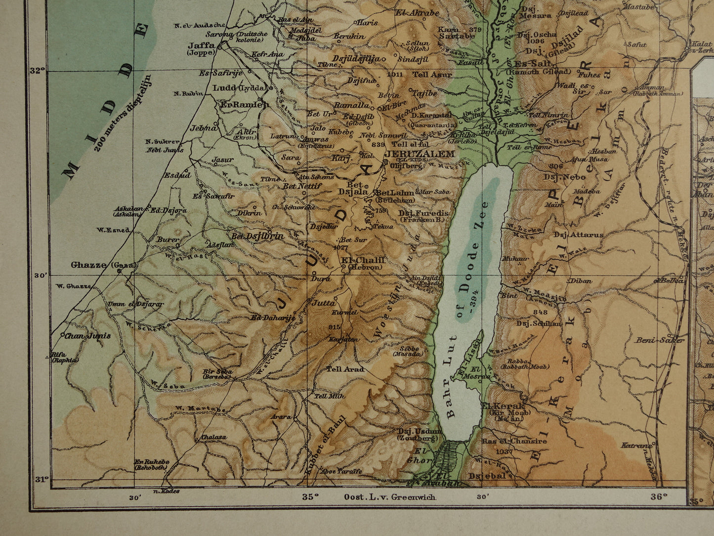 Oude landkaart van Israël Libanon Palestina Syrië uit 1910 originele Nederlandse antieke kaart Jeruzalem Juda