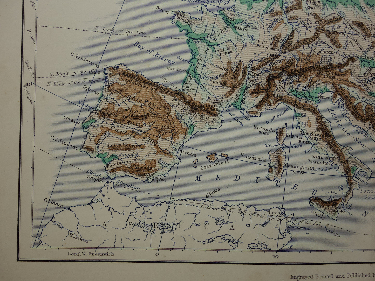 Europa antieke kaart van Europa 140+ jaar oude landkaart van continent uit 1879 - originele vintage hoogtekaart