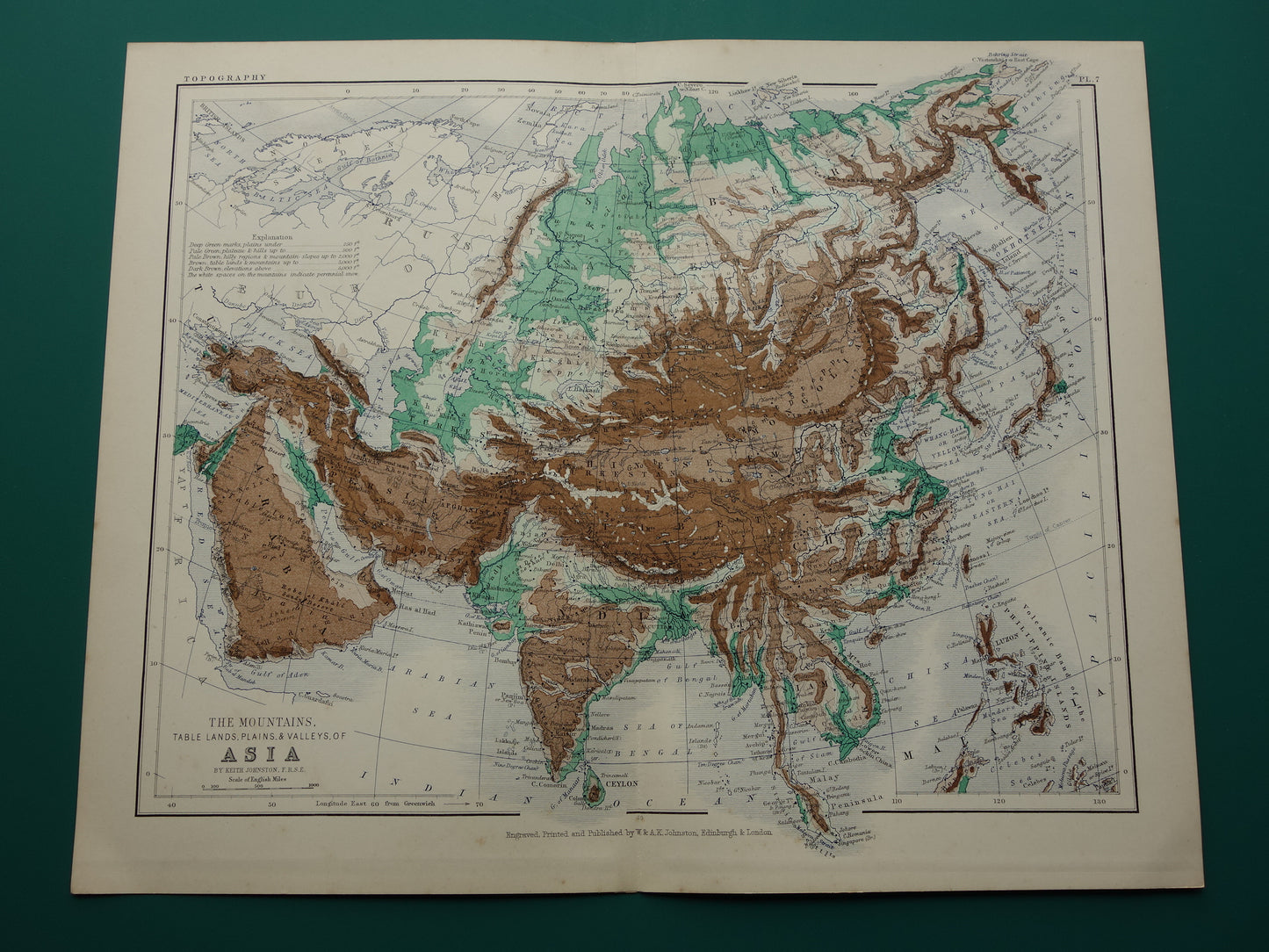 Azië antieke kaart van Azië 140+ jaar oude landkaart van continent uit 1879 - originele vintage hoogtekaart