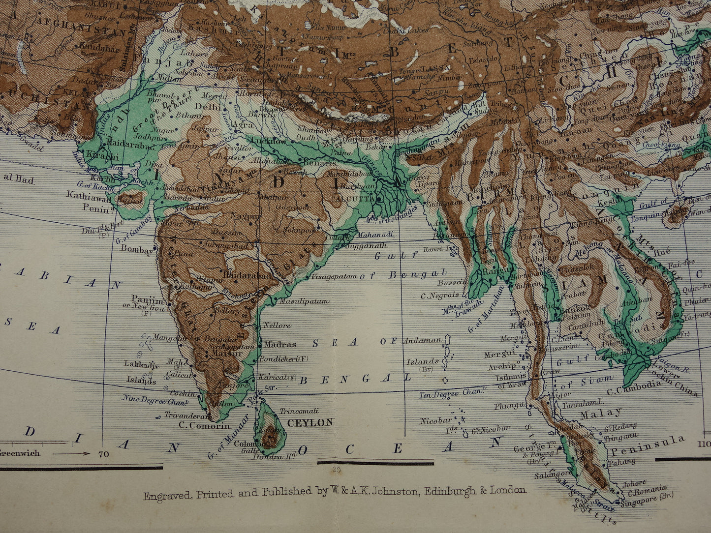 Azië antieke kaart van Azië 140+ jaar oude landkaart van continent uit 1879 - originele vintage hoogtekaart