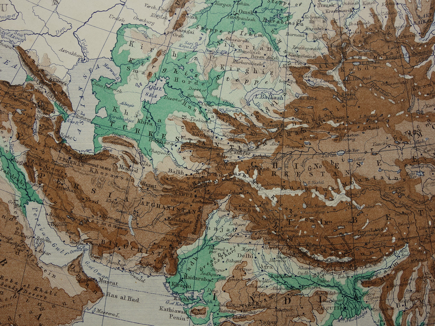 Azië antieke kaart van Azië 140+ jaar oude landkaart van continent uit 1879 - originele vintage hoogtekaart