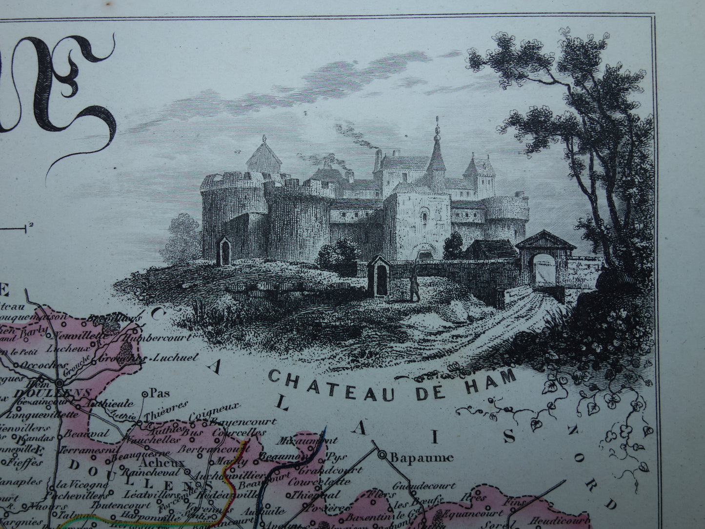 Oude kaart van Somme departement in Frankrijk uit 1851 originele vintage handgekleurde landkaart Ameins Abbeville