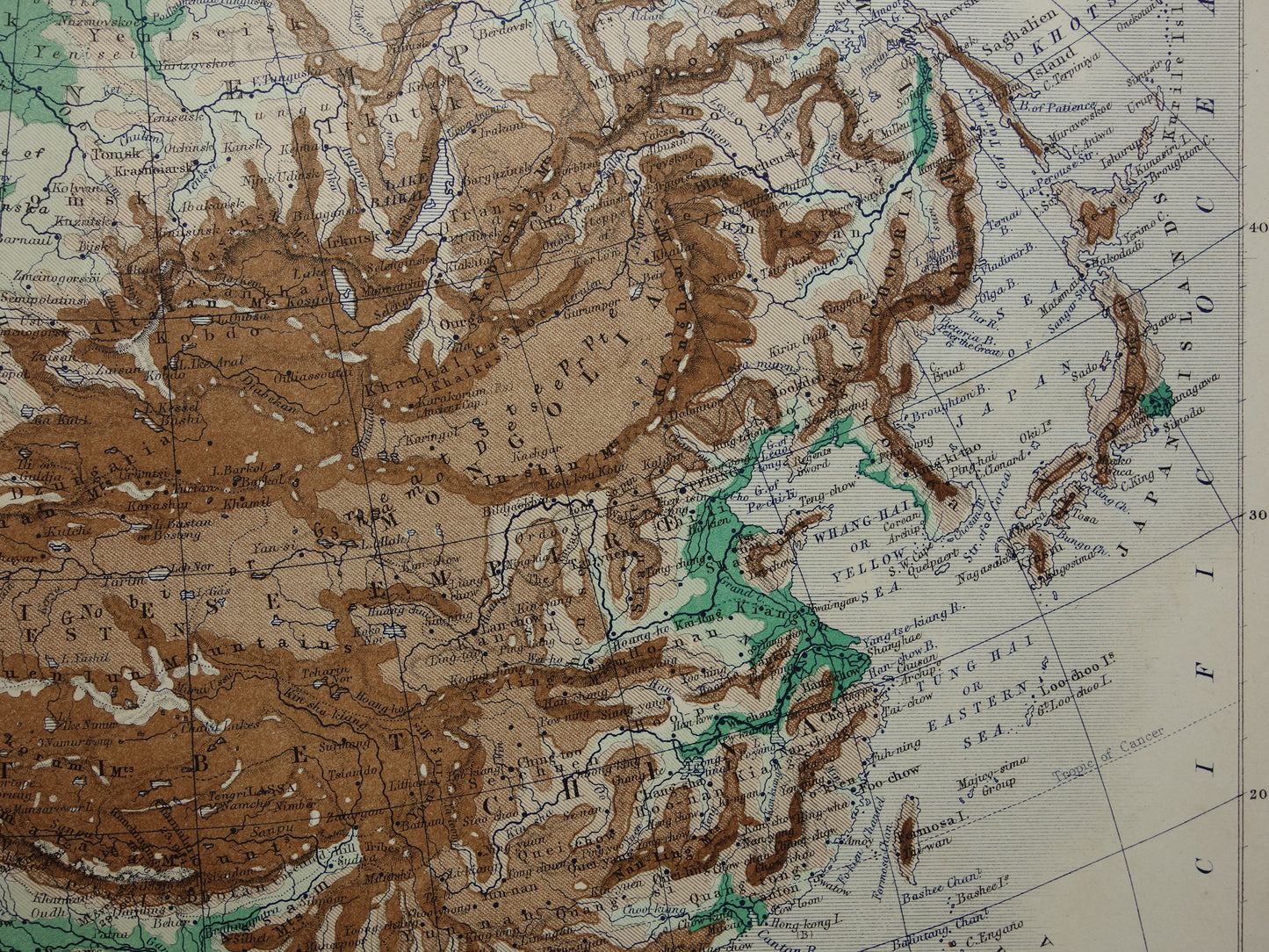 Azië antieke kaart van Azië 140+ jaar oude landkaart van continent uit 1879 - originele vintage hoogtekaart