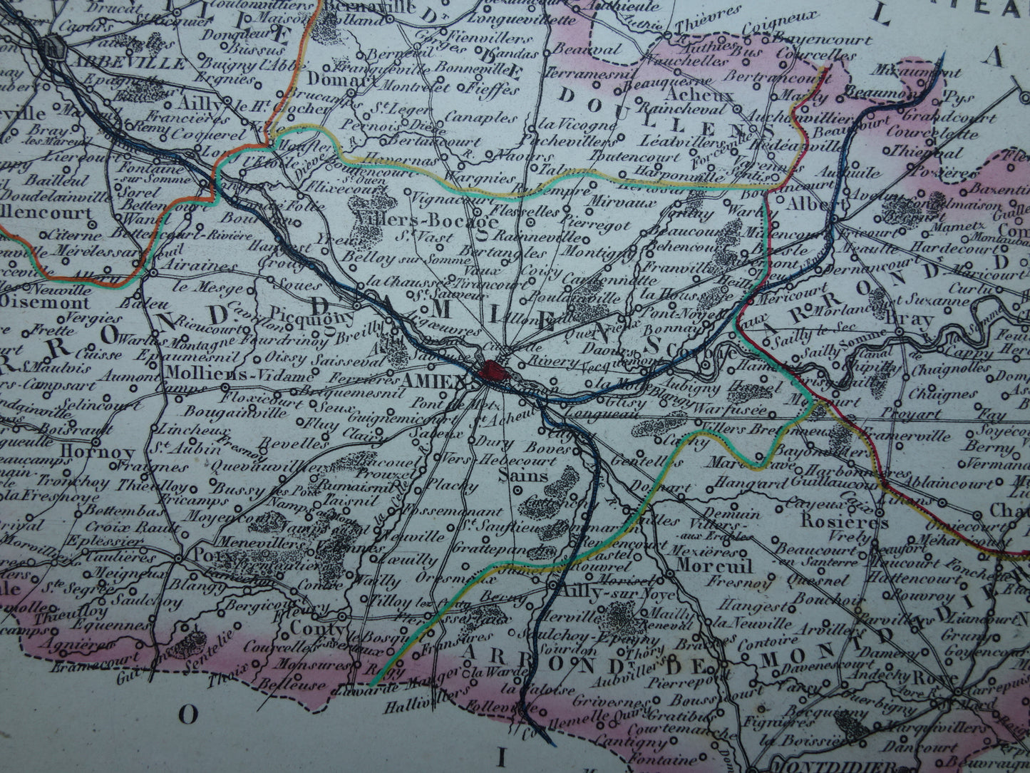 Oude kaart van Somme departement in Frankrijk uit 1851 originele vintage handgekleurde landkaart Ameins Abbeville