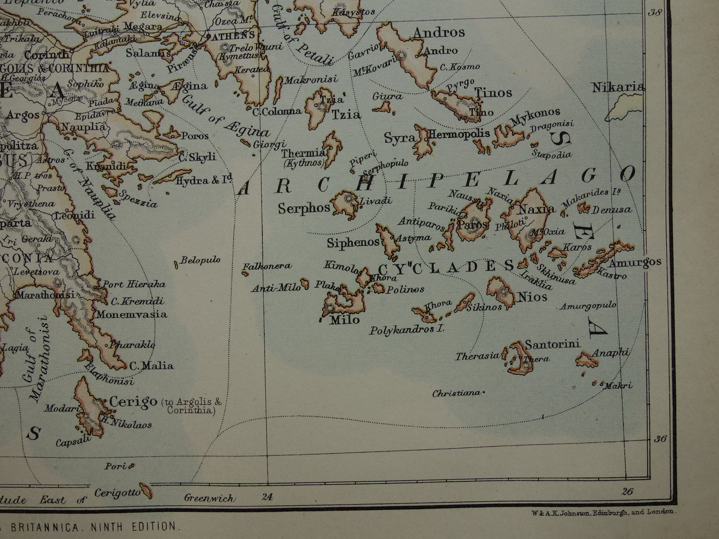 GRIEKENLAND oude landkaart van Griekenland originele Engelse antieke kaart uit 1880 vintage kaarten