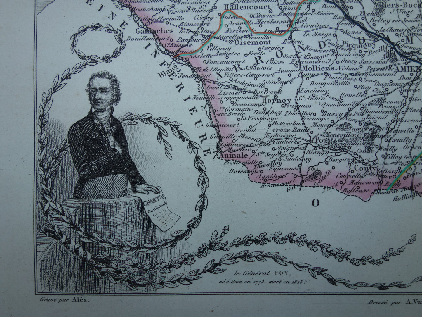 Oude kaart van Somme departement in Frankrijk uit 1851 originele vintage handgekleurde landkaart Ameins Abbeville