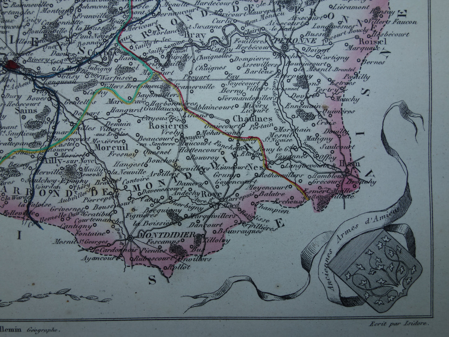 Oude kaart van Somme departement in Frankrijk uit 1851 originele vintage handgekleurde landkaart Ameins Abbeville