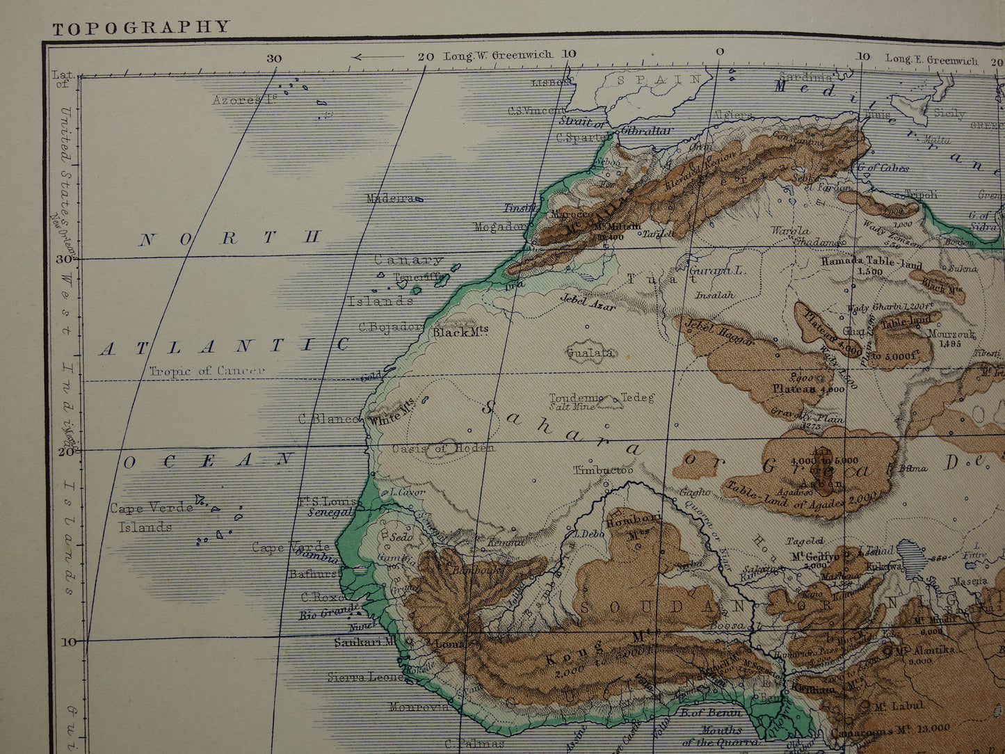 AFRIKA antieke kaart van Afrika 140+ jaar oude landkaart van continent uit 1879 - originele vintage hoogtekaart