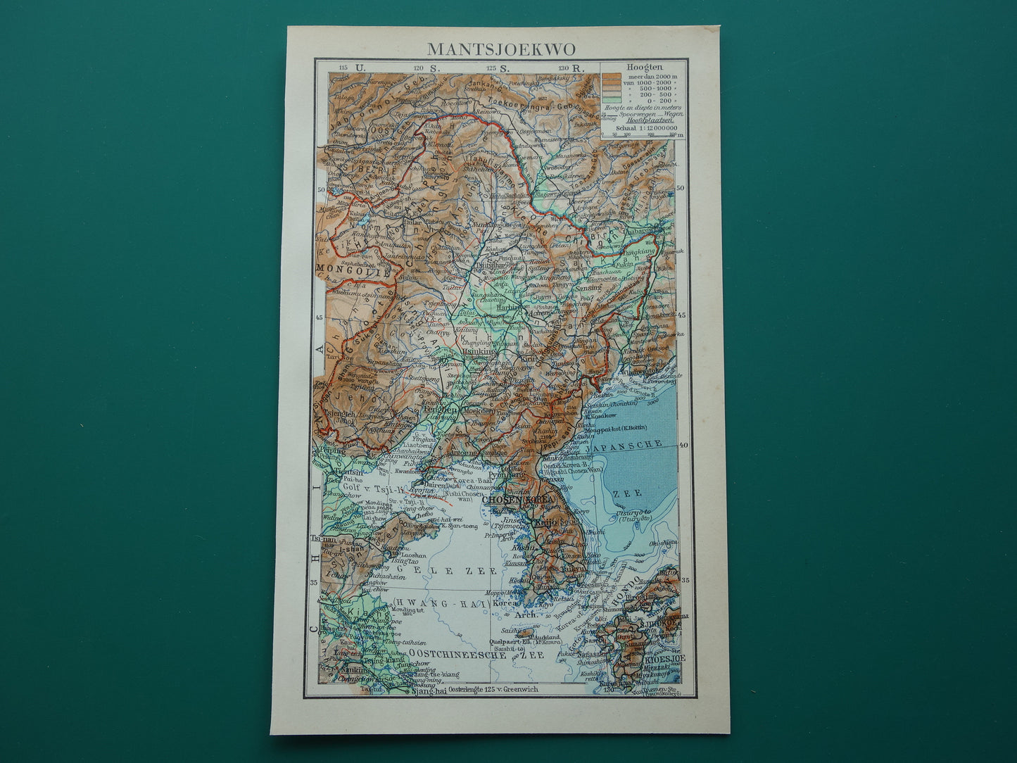 Mantsjoekwo Oude kaart van Mantsjoerije Korea China uit 1936 Originele vintage Nederlandse kaart van Mandsjoekwo