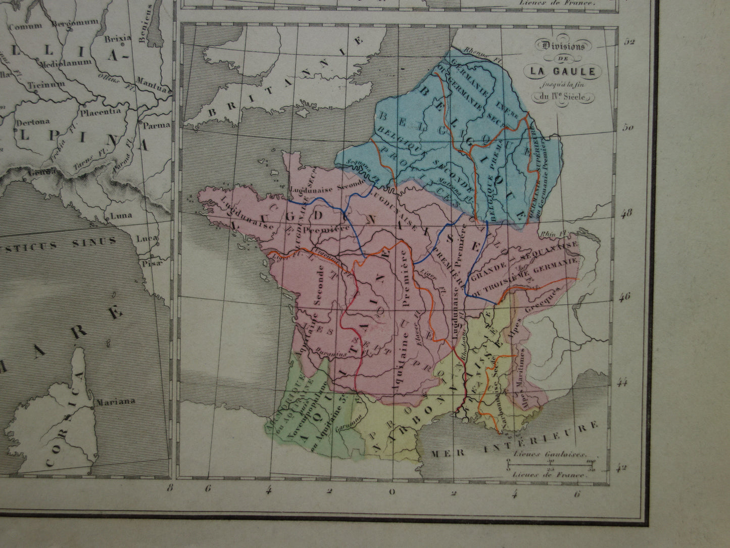 Oude kaart van Frankrijk in klassieke oudheid Gallië uit 1859 Originele antieke landkaart met veroveringstochten Julius Ceasar Limes