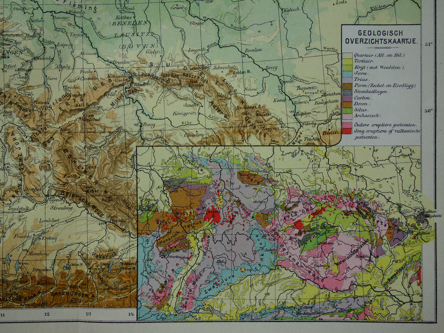 DUITSLAND oude hoogtekaart en geologische kaart van Duitse Rijk uit 1907 originele antieke Nederlandse landkaart Geologie