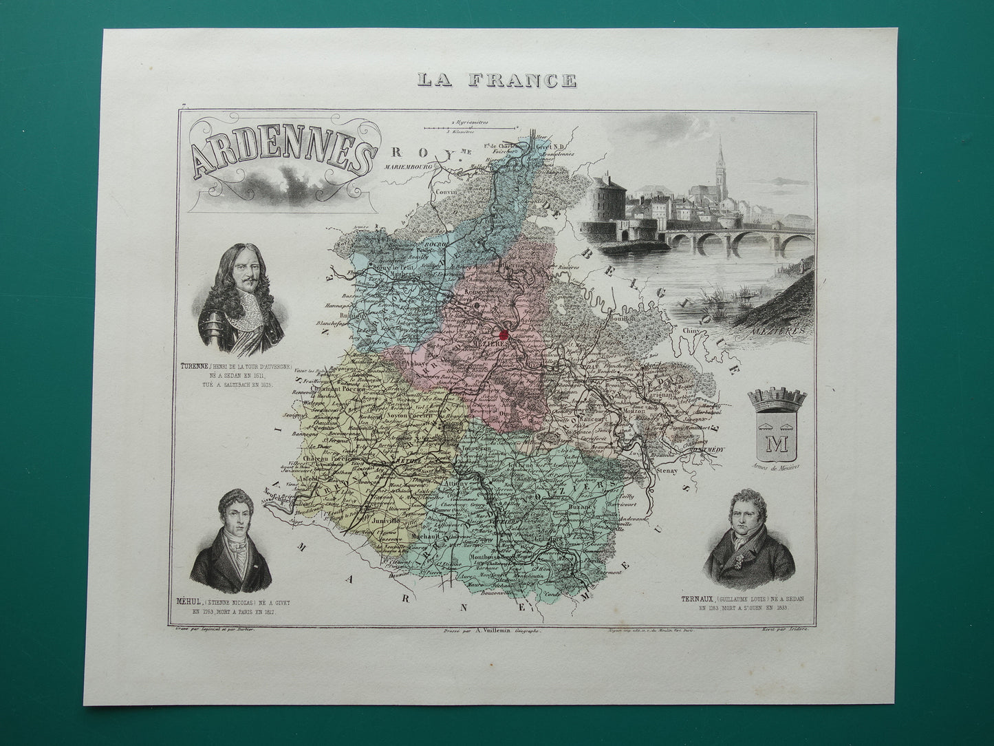Old map of Ardennes department in France from 1882 original antique hand-colored map Charleville Mezieres Rethel Sedan Revin Ardennes