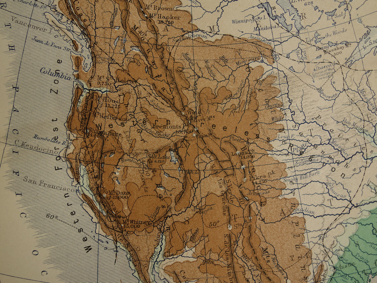 Noord-Amerika antieke kaart van Noord-Amerika 140+ jaar oude landkaart van continent uit 1879 - originele vintage hoogtekaart