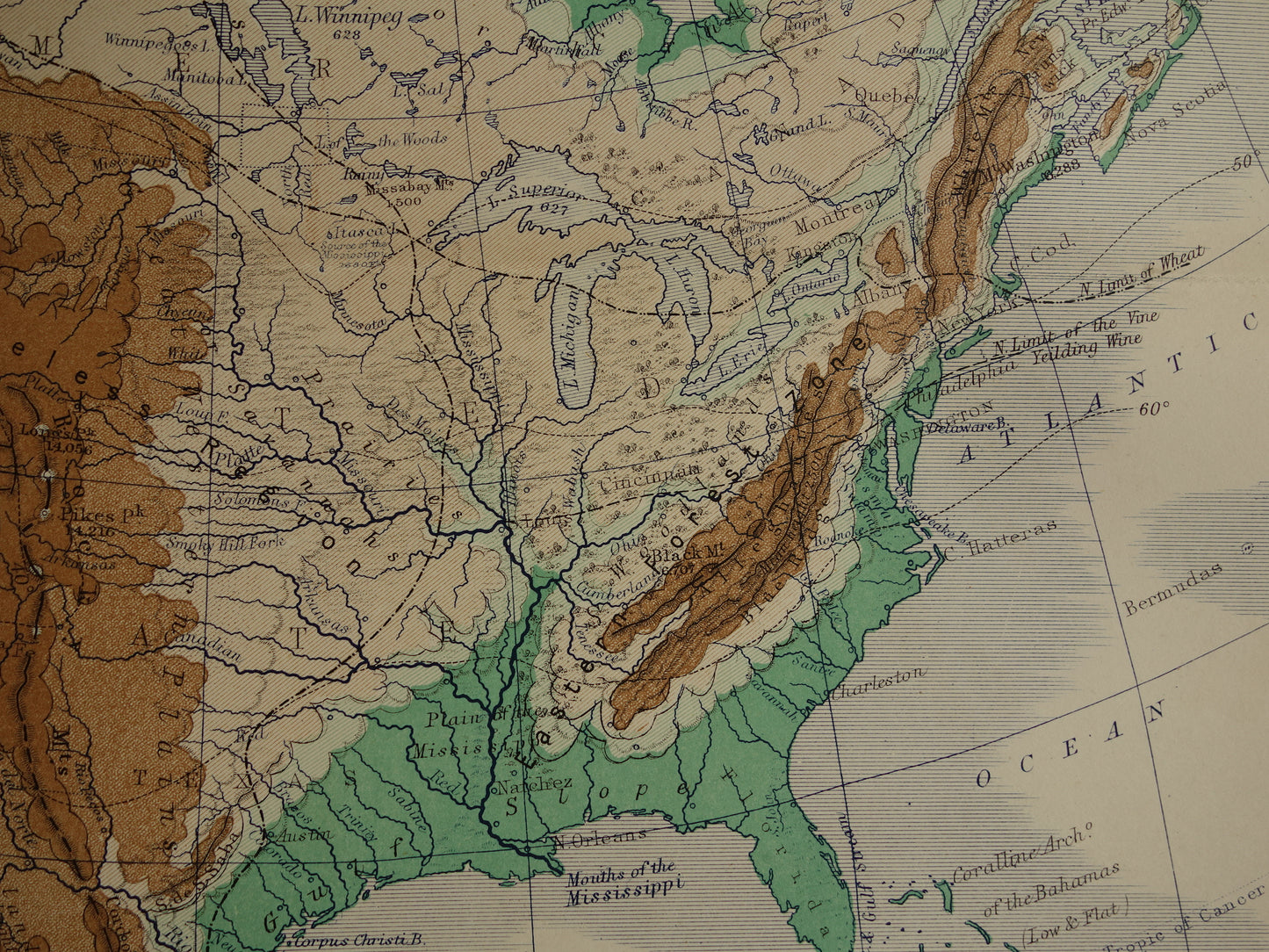 Noord-Amerika antieke kaart van Noord-Amerika 140+ jaar oude landkaart van continent uit 1879 - originele vintage hoogtekaart