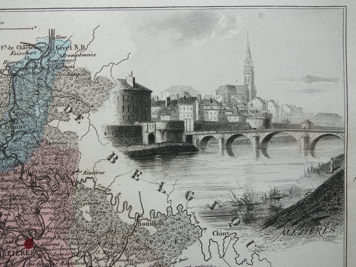 Oude kaart van Ardennes departement in Frankrijk uit 1882 originele antieke handgekleurde landkaart Charleville Mezieres Rethel Sedan Revin Ardennen