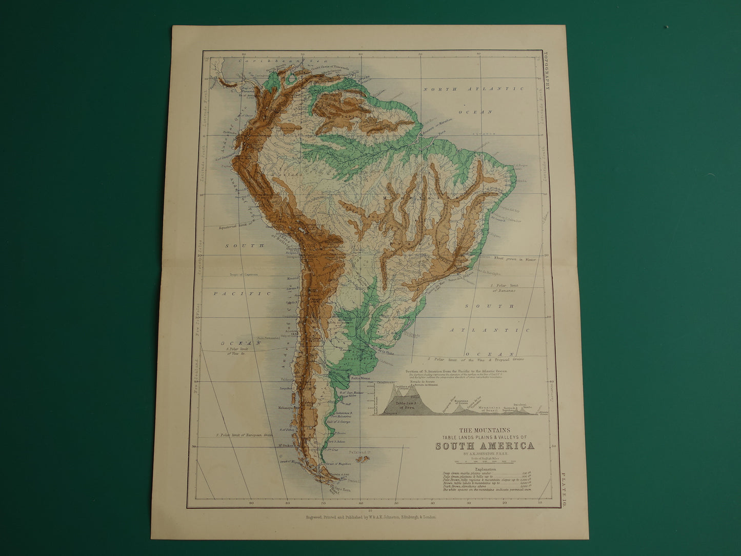 Zuid-Amerika antieke kaart van Zuid-Amerika 140+ jaar oude landkaart van continent uit 1879 - originele vintage hoogtekaart