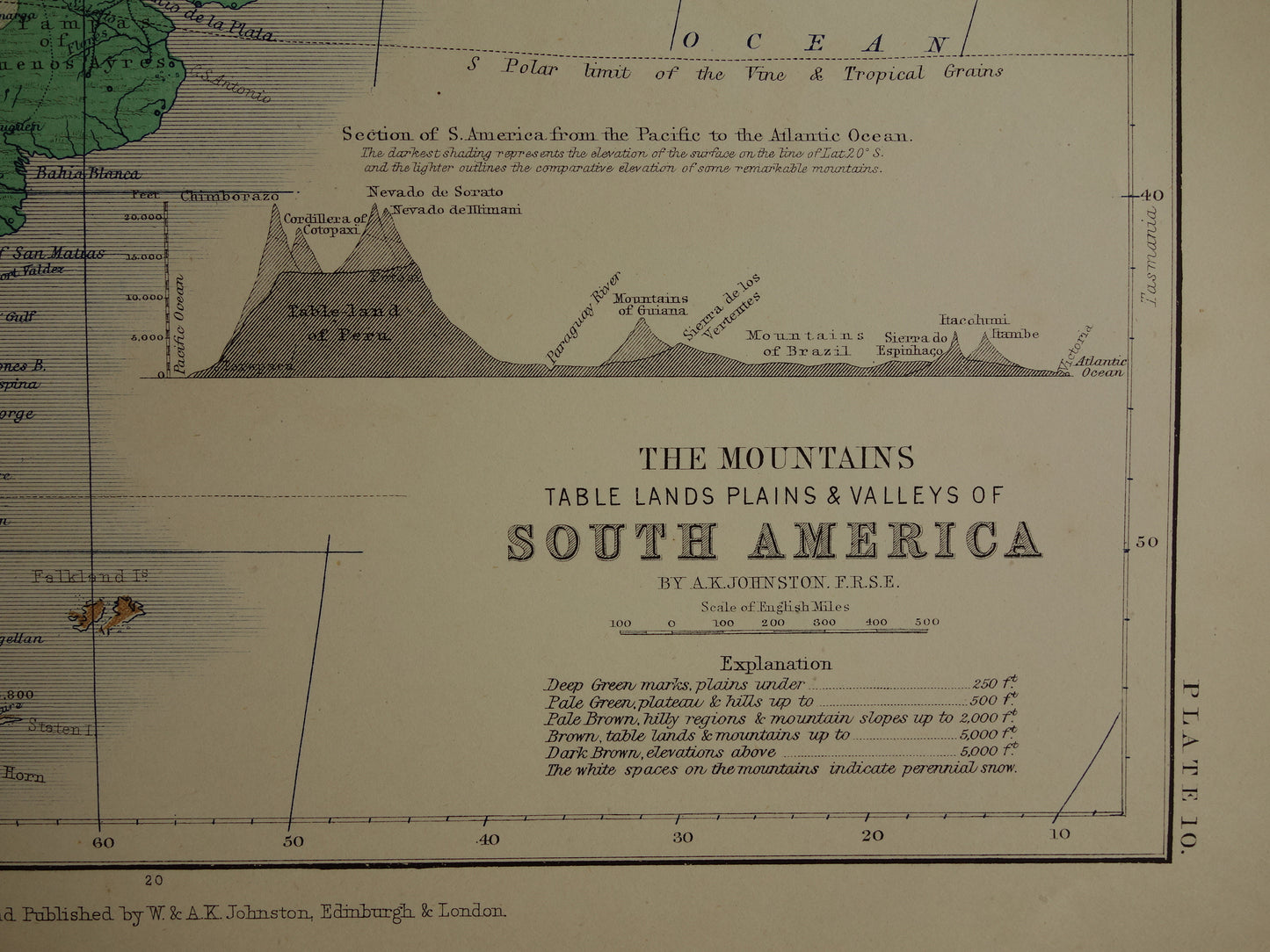 Zuid-Amerika antieke kaart van Zuid-Amerika 140+ jaar oude landkaart van continent uit 1879 - originele vintage hoogtekaart