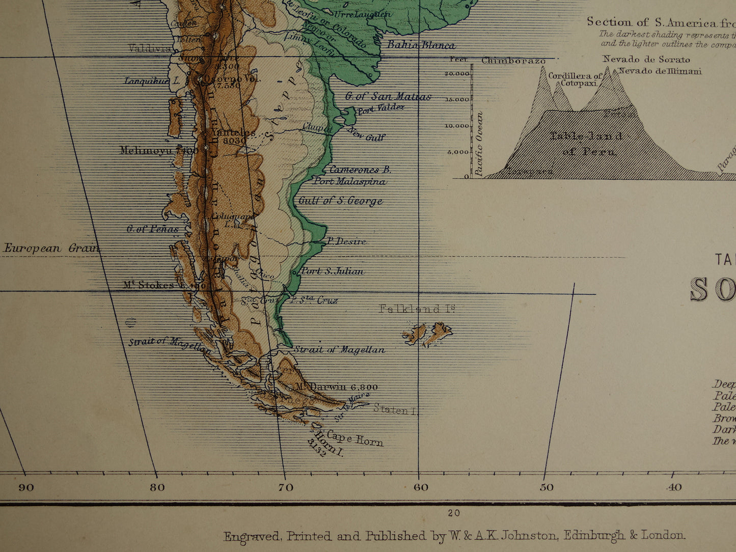 Zuid-Amerika antieke kaart van Zuid-Amerika 140+ jaar oude landkaart van continent uit 1879 - originele vintage hoogtekaart