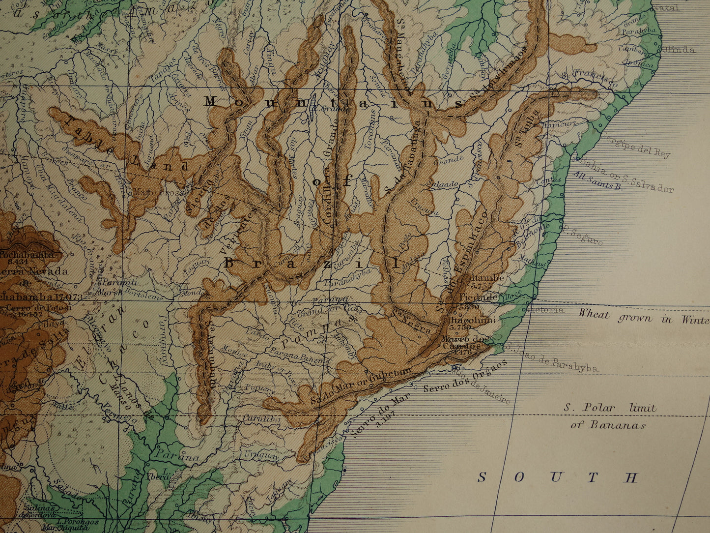 Zuid-Amerika antieke kaart van Zuid-Amerika 140+ jaar oude landkaart van continent uit 1879 - originele vintage hoogtekaart