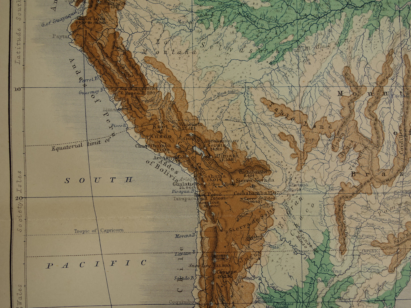 Zuid-Amerika antieke kaart van Zuid-Amerika 140+ jaar oude landkaart van continent uit 1879 - originele vintage hoogtekaart